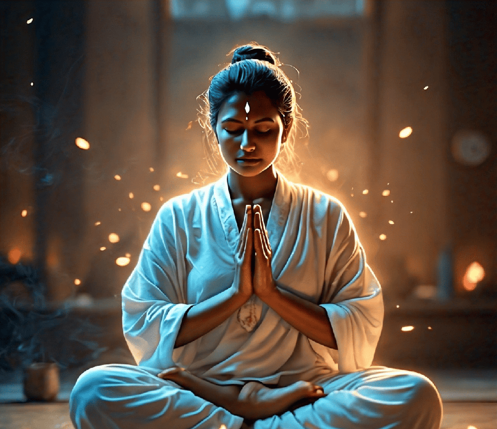 person praying or meditating, with a subtle light or glow surrounding them, representing connection with the divine.